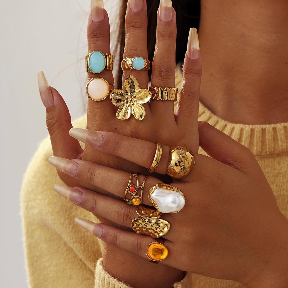 Chunky Gold Rings for Women Non Tarnish, Baroque Pearl Flower Tiger's Eye Stone Rings Adjustable Stacking Statement