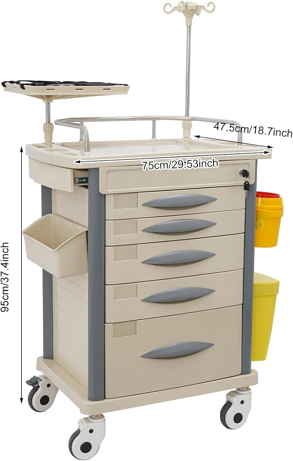 Medical Rolling Crash Cart with Accessories-CPR Board, 2 Trash Bin, Drawers with Dividers, Mobile Medical Cart for