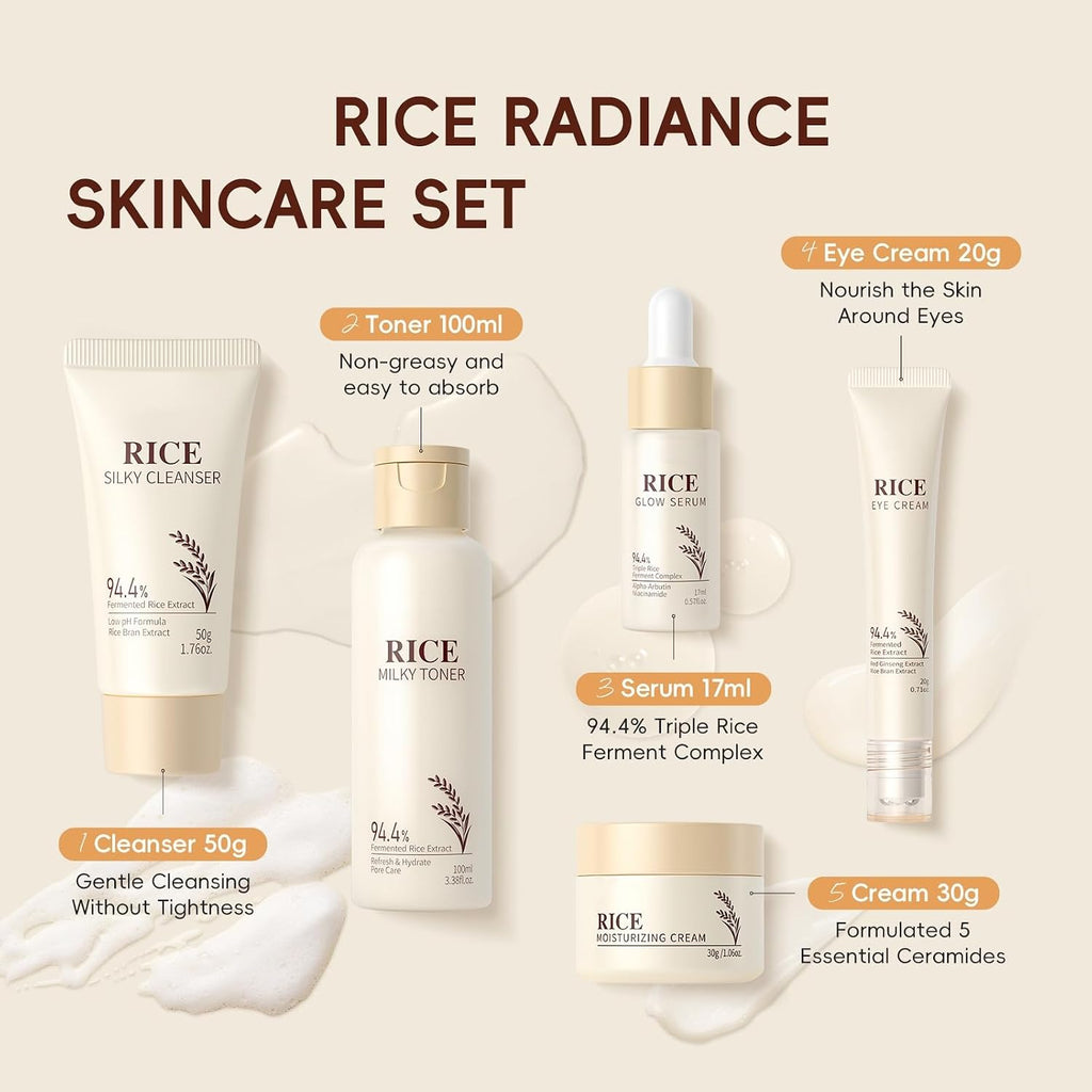 Moisturizing Korean Rice Skin Care Set – Radiance Skincare 5-Step Routine with Rice Cleanser, Toner, Serum, Face
