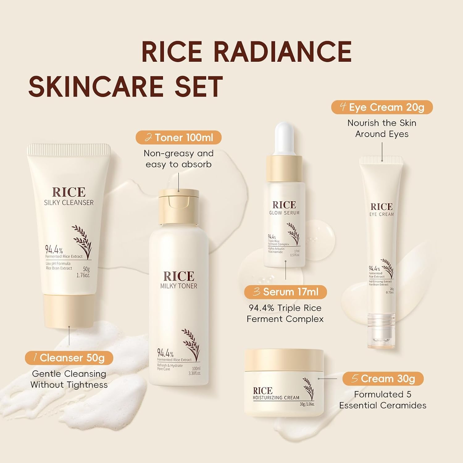 Moisturizing Korean Rice Skin Care Set – Radiance Skincare 5-Step Routine with Rice Cleanser, Toner, Serum, Face