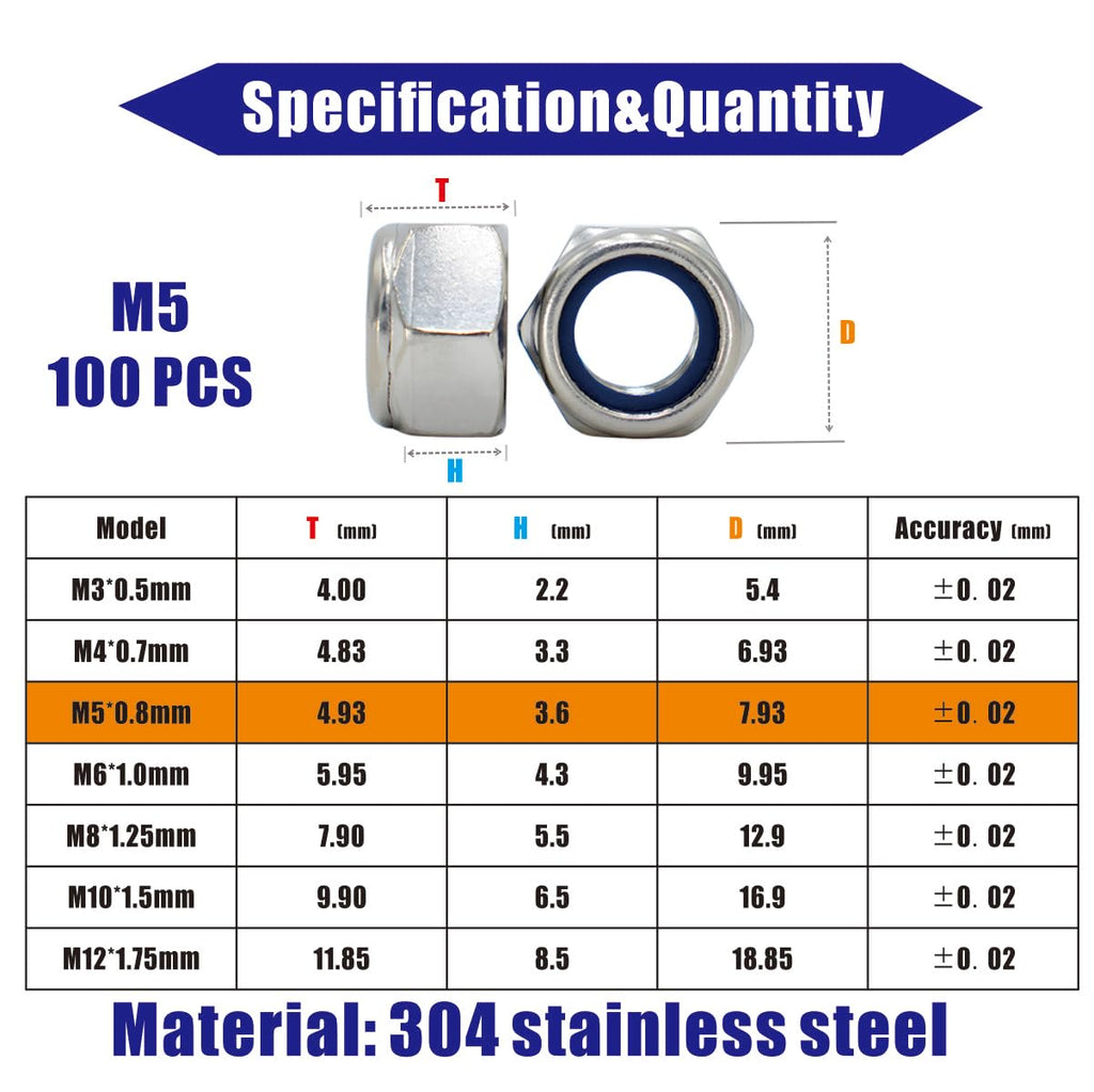 M5‑0.8mm Lock Nuts, 100Pcs Stainless Steel Nylock Insert Locking Nuts