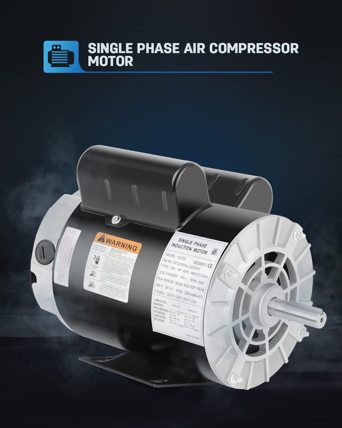 Air Compressor Motor 3HP SPL 3450 RPM 115/230V Single Phase ODP