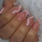 6 Packs (144 Pcs) Press on Nails Square - Short, Medium Nails Press ons - French Tip Fake Nails with Flower Design