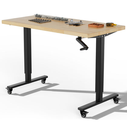 48''Adjustable Height Workbench with Wood Top, Hand Crank Lift Mechanism, Rolling Tool Work Table with Locking