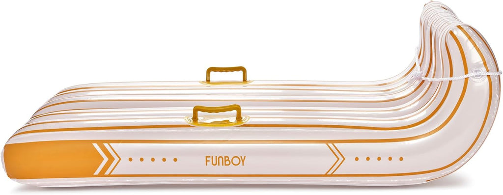 Gold & White Stripe Toboggan Inflatable Snow Sled | Luxury, Retro Holiday Stripe Design, Heavy-Duty, Perfect for Snow