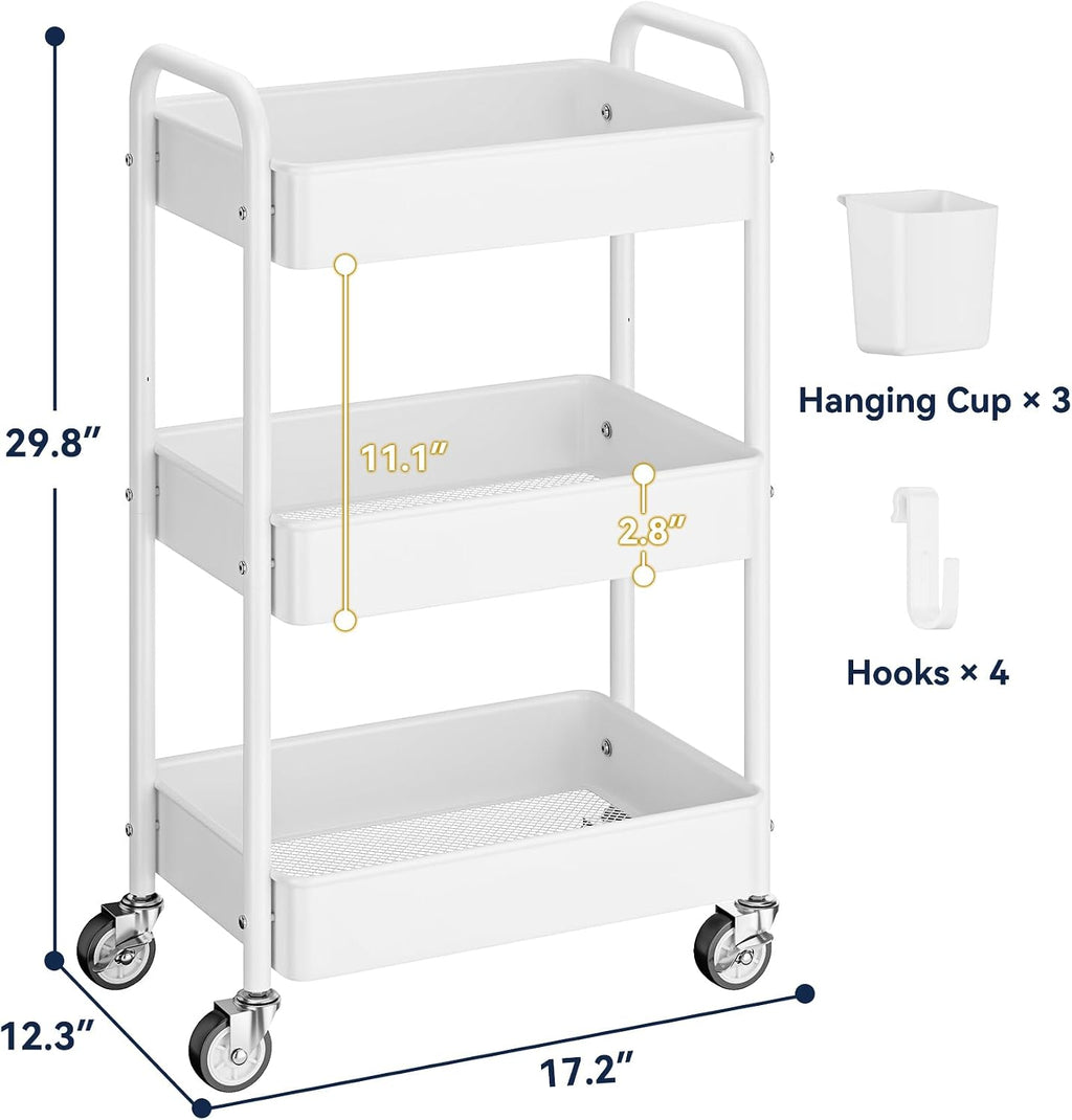 3 Tier Rolling Cart, Heavy Duty Metal Utility Cart with Wheel White