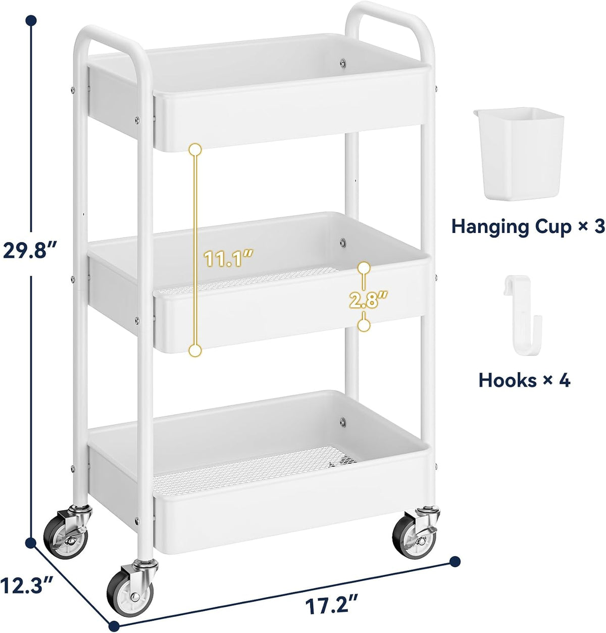 3 Tier Rolling Cart, Heavy Duty Metal Utility Cart with Wheel White