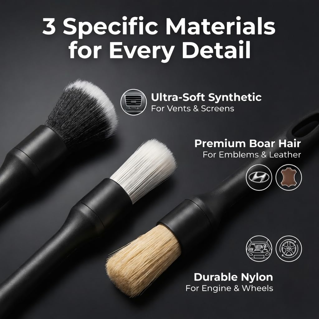 10-Piece Car Interior Cleaning Kit - 3 Natural Boar Hair Brushes, 3-in-1 AC Vent Brush, 160g Non-Toxic Gel