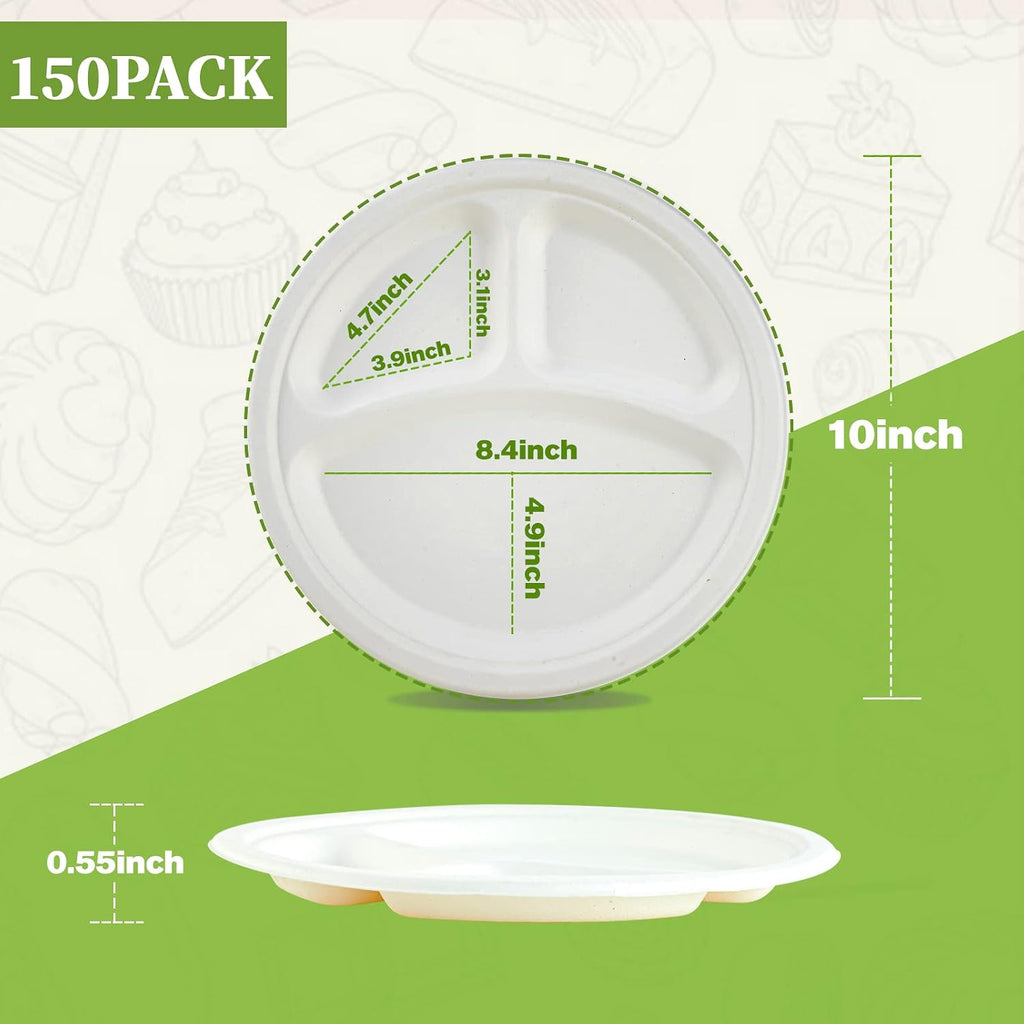 Compostable Disposable 3 Compartment Paper Plates, 10 inch, White