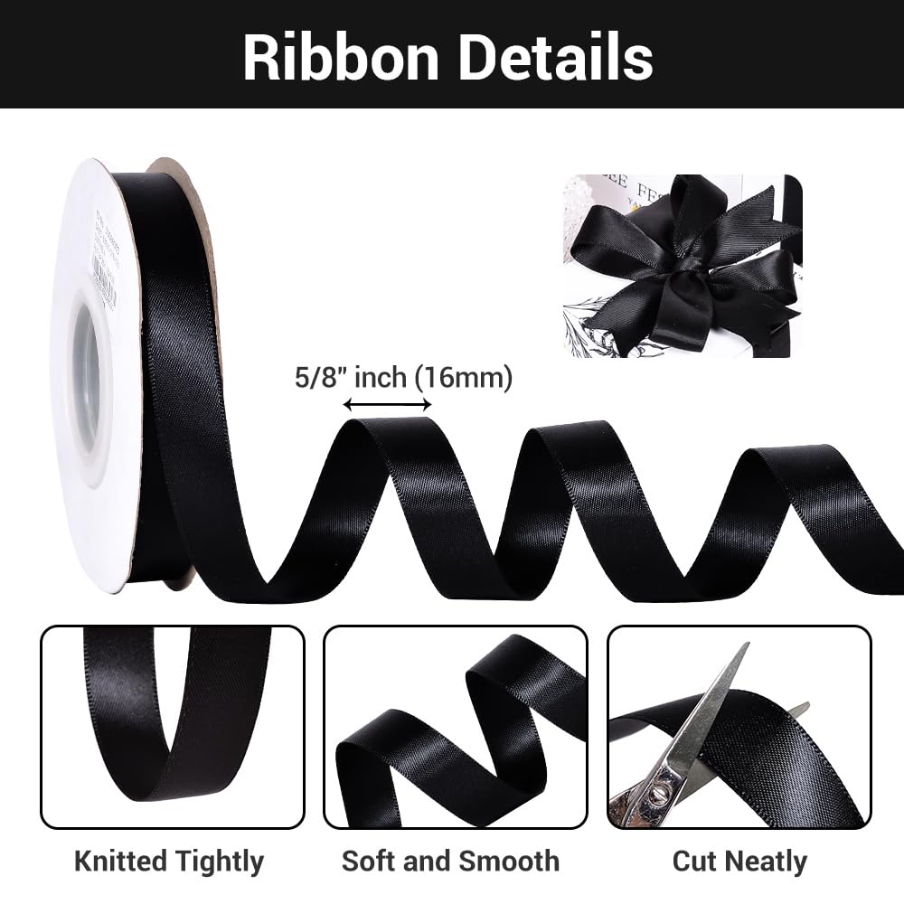 Black Double Faced Satin Ribbon 5/8 Inch Continuous 25 Yards