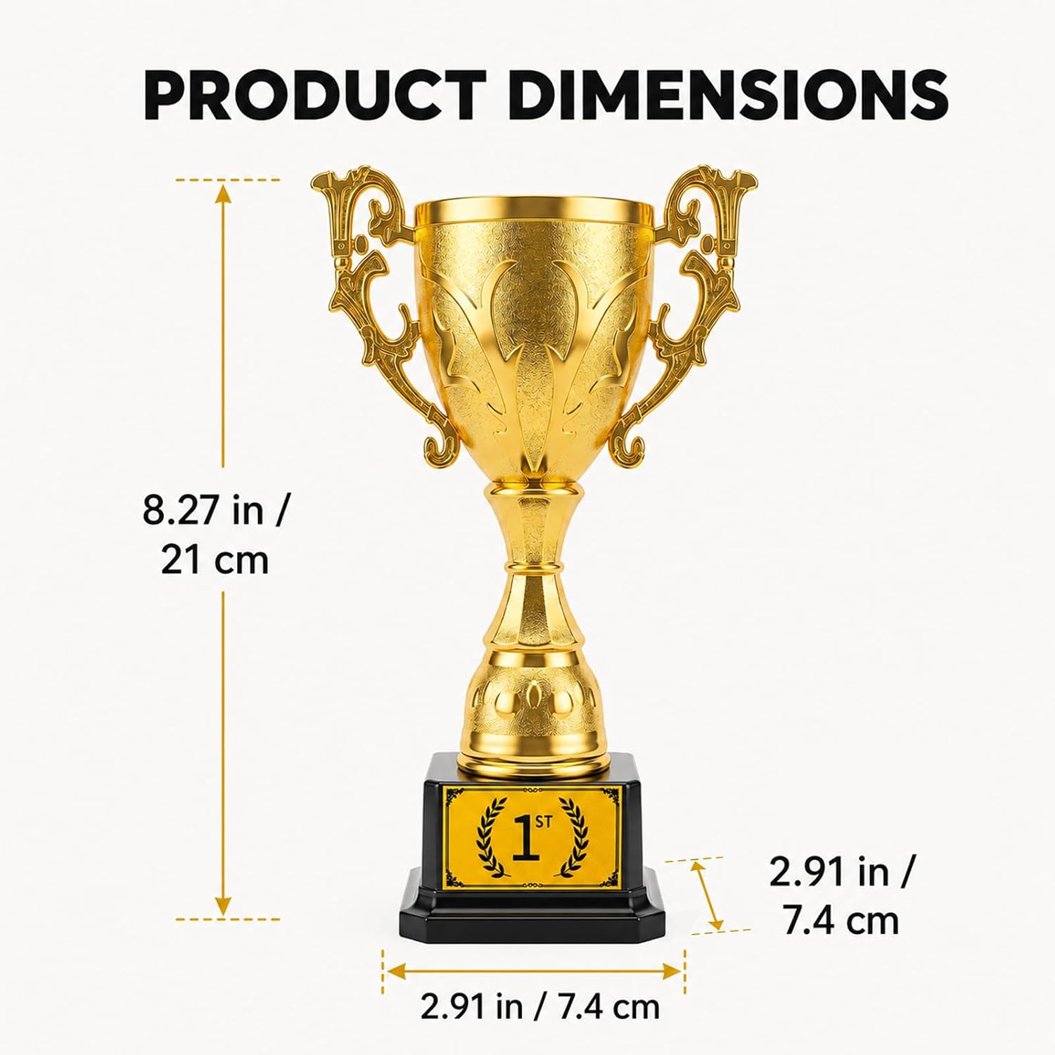 1st Place Trophy Award, Gold Plastic Cup with Adhesive First Place Plate and Black Base, Approx. 8.27 in Tall, Winner