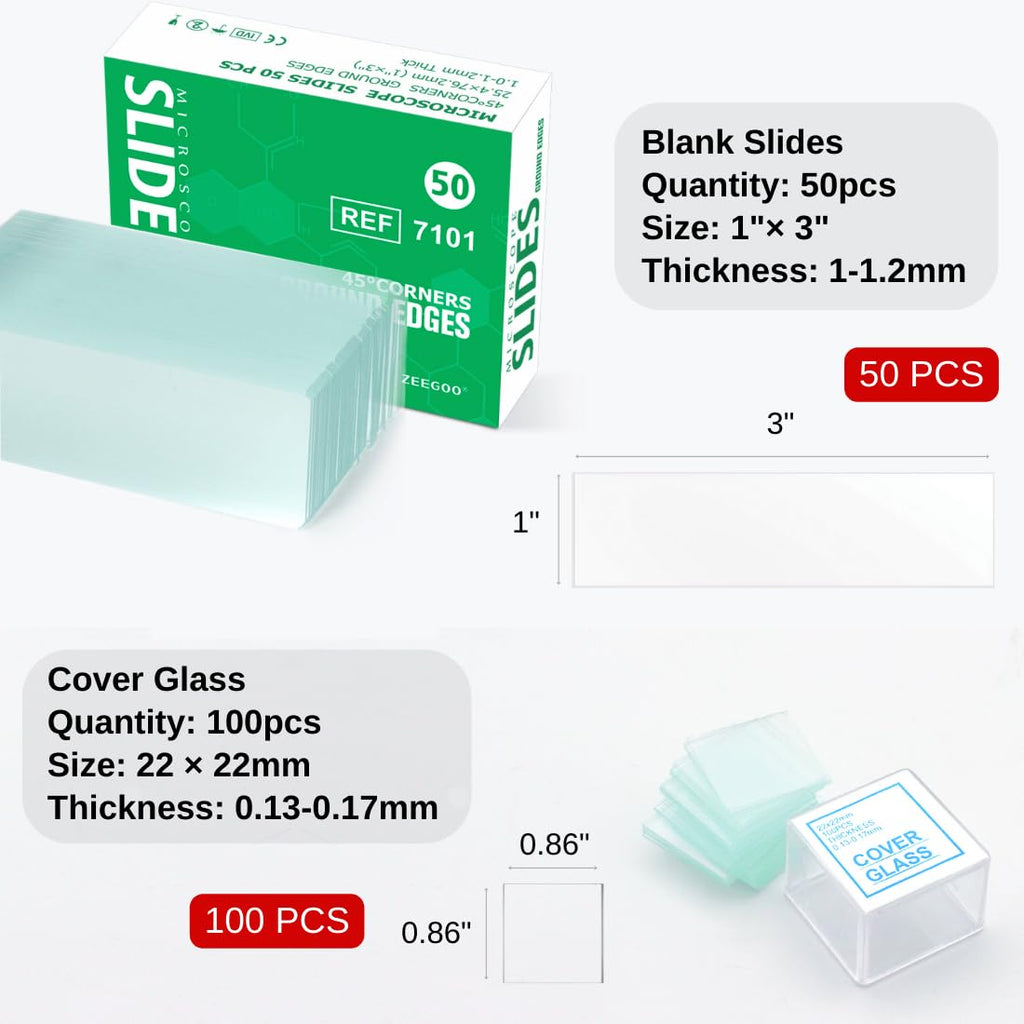 Microscope Slides and Covers, 50 Blank Glass Slides + 100 Coverslips | Pre-Cleaned, Safe Ground Edges, 45°Corners