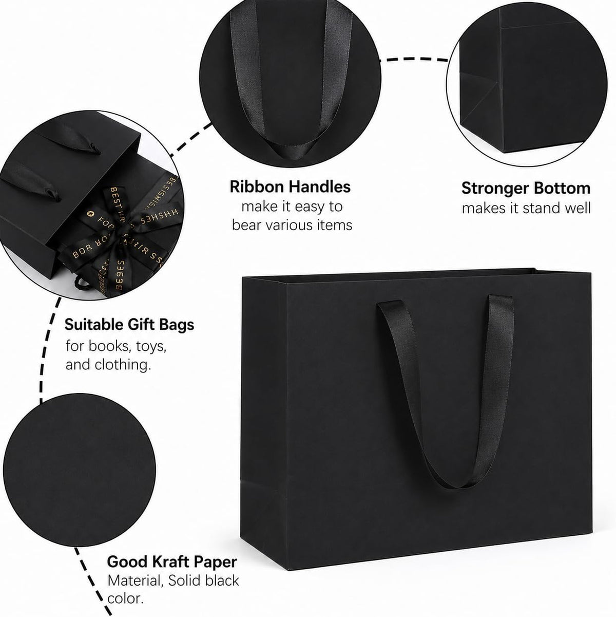10 PCS Extra Large Black Gift Bags with Handle 16x6x12in