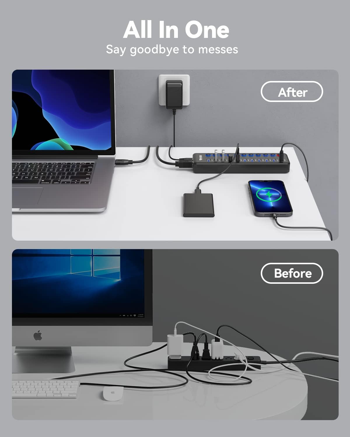 Powered USB Hub, Wenter 11-Port USB Splitter Hub (10 Faster Data Transfer Ports+ 1 Smart Charging Port) with
