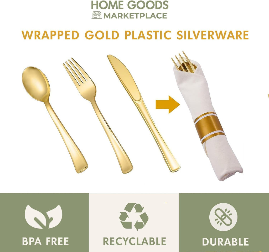 Gold Plastic Silverware Pre-Rolled Sets; Fork, Spoon, and Knife Rolls, Pack of 20 Pre-Rolled Sets