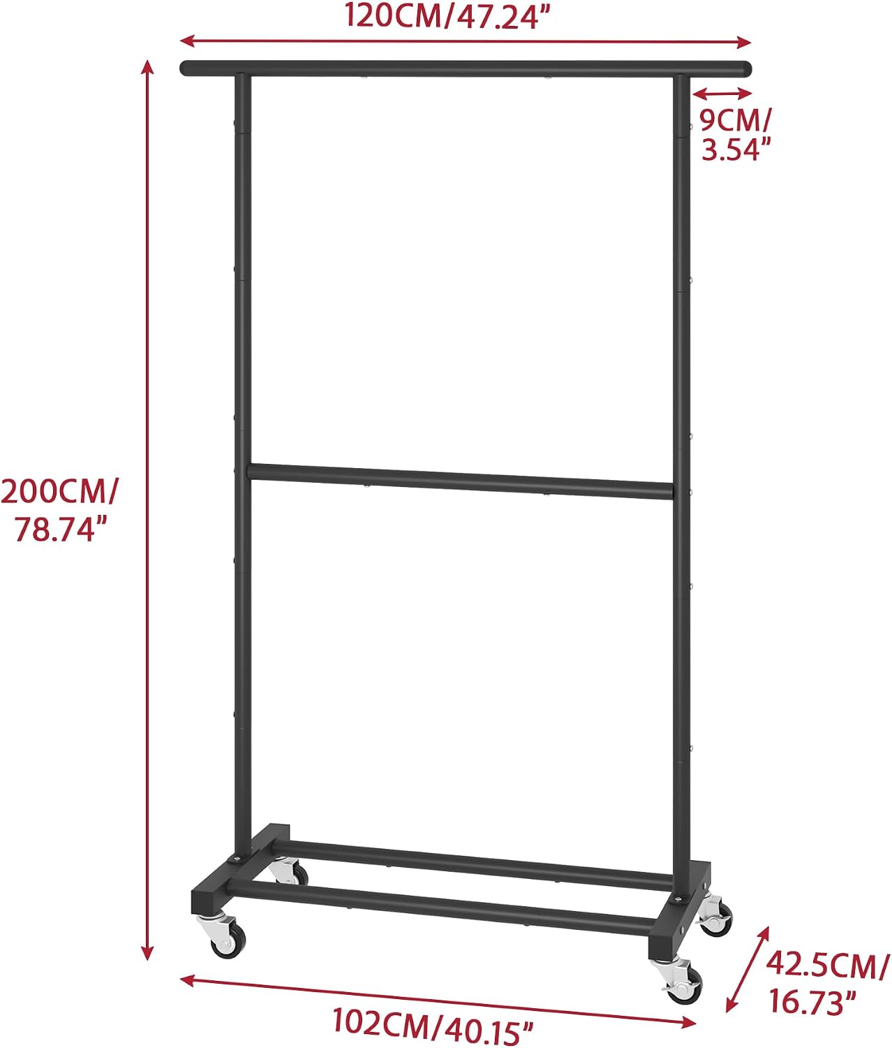 Double Rod Metal Clothing Garment Rack on Wheels, Black | Rolling Clothes Organizer, for Hanging Clothes,Coats,Easy