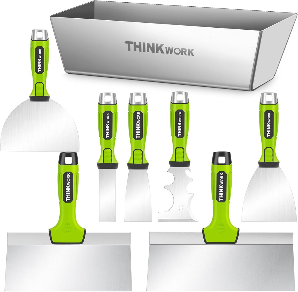 8Pcs Drywall Tools, Drywall Knife Set with 10" Mud Pan | Stainless Steel Putty & Taping Knives, Painter Scraper