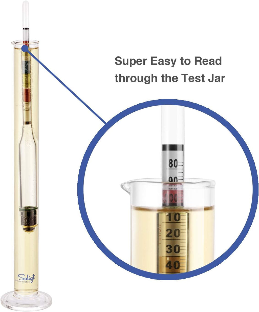 Triple Scale Hydrometer and Glass Test Jar for Wine, Beer, Mead & Cider - ABV, Brix and Gravity Test Kit