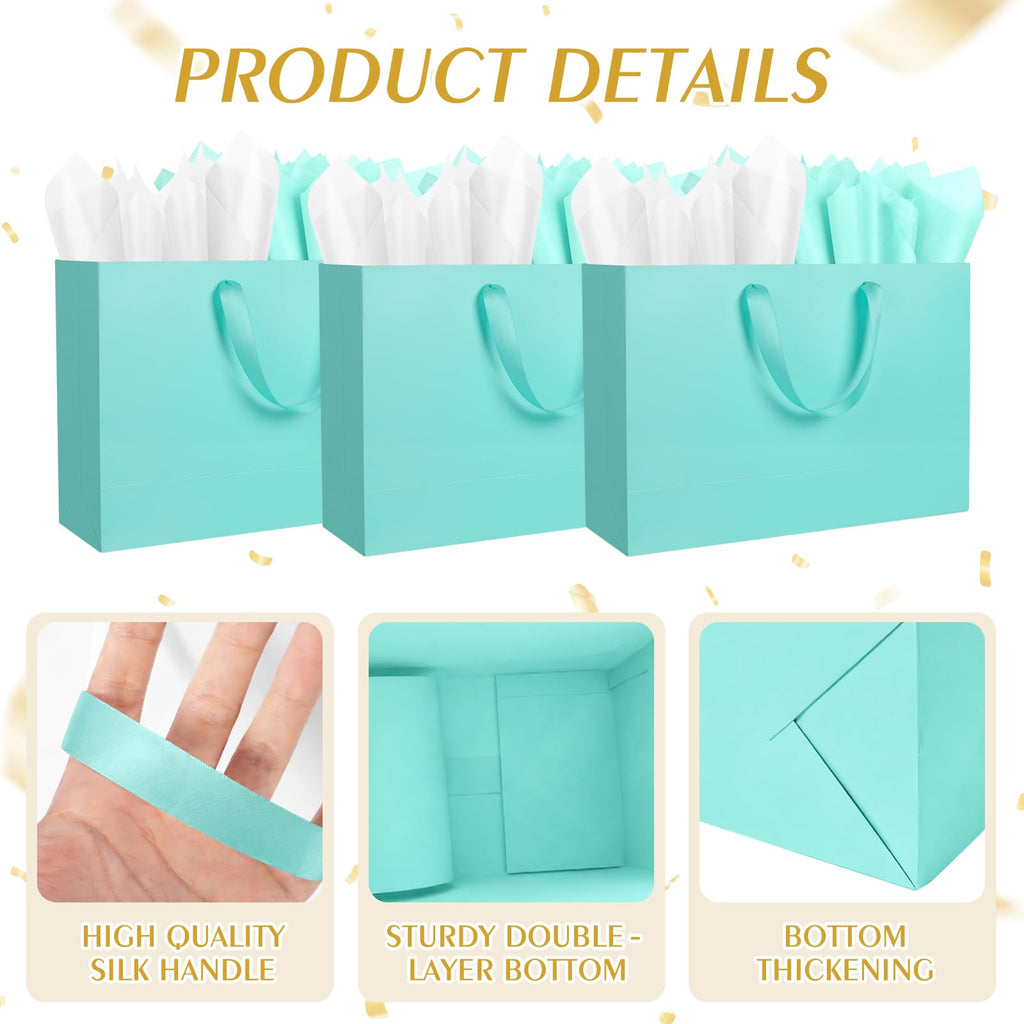 12 Pack Large Sky Blue Gift Bags with Handles & 24 Tissue Papers