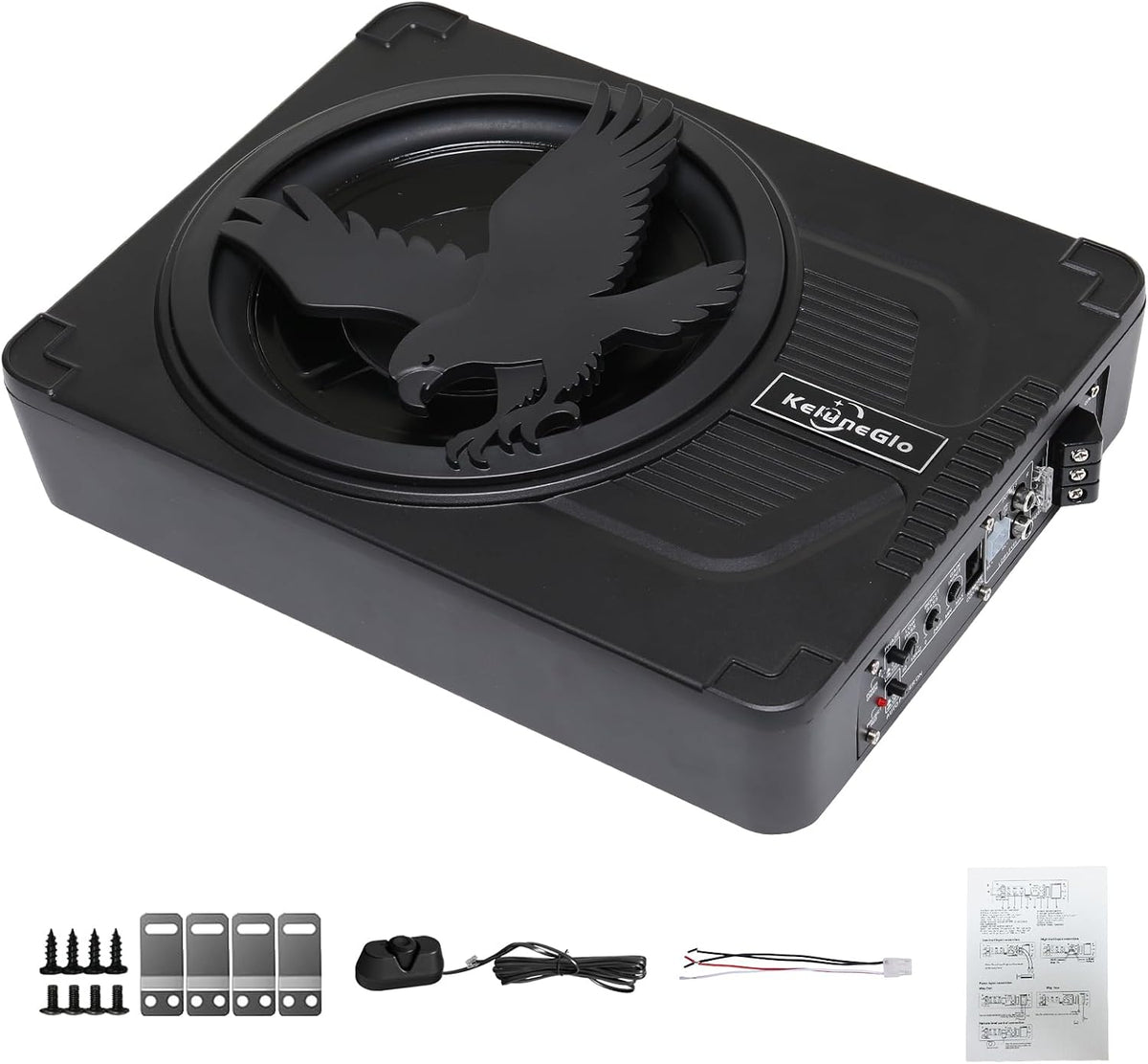 10 Inch Slim Under Seat Powered Car Subwoofer, 1200W Max Active Built-in Amplifier, Blue Ambient Light, Low Profile