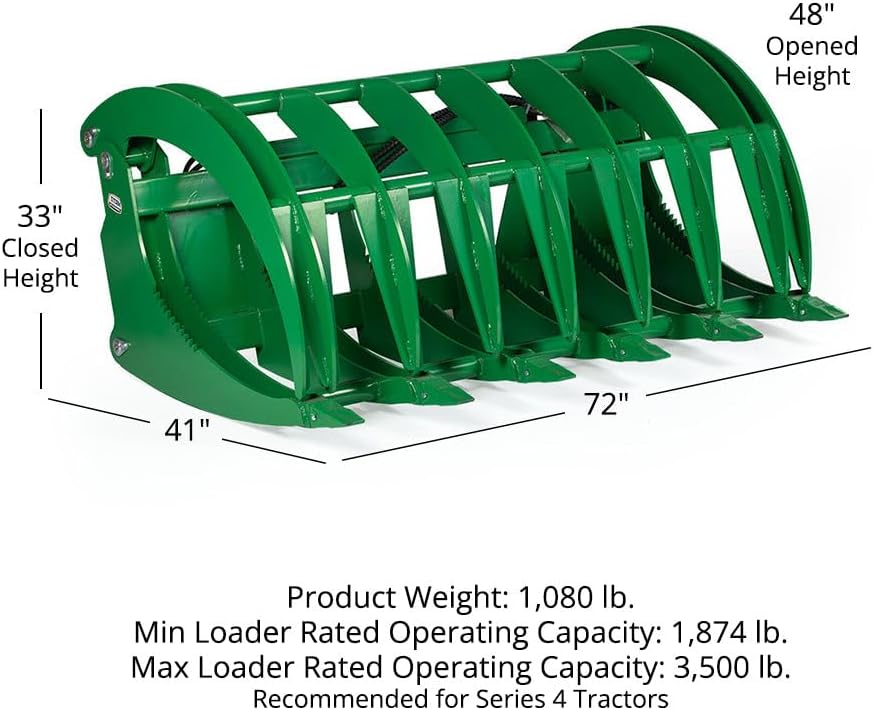 72" HD Root Grapple Rake Attachment, Fits John Deere Hook & Pin Tractors, Twin 3,000 PSI Cylinders, Clears Rocks
