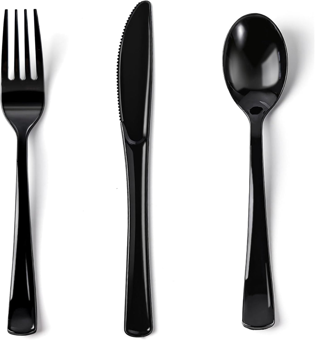 200PCS Black Plastic Silverware, Heavy Duty Disposable Utensils/Cutlery