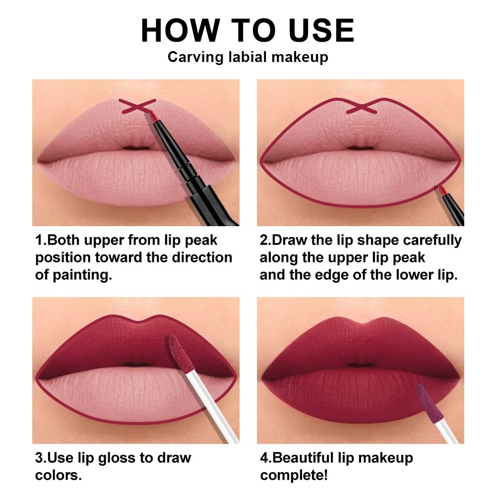 3Pcs Dark Brown Ruby Deep Red Matte Lip Liner Pencil and Liquid Lipstick Sets for Women Long Lasting Waterproof, 24