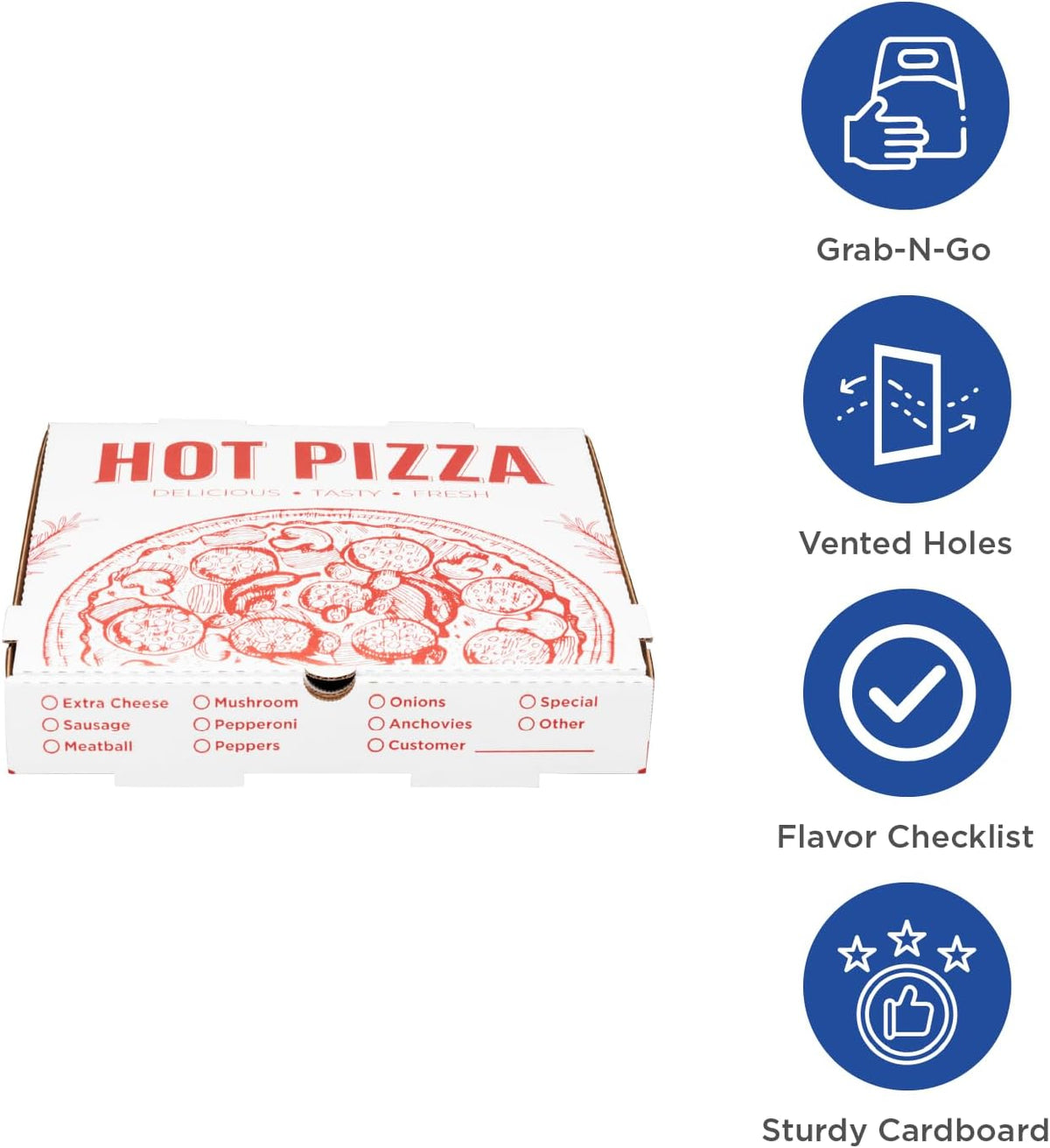 Pizza Boxes 12" x 12" x 2" [50 Pack] Classic Red Print Corrugated Boxes | Ventilated, Grease-Resistant, Durable for