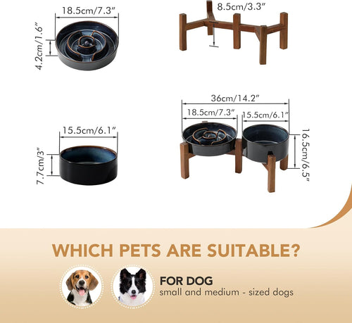 1.2 Cup Elevated Slow Feeder Dog Bowls, 7.3” Dog Slow Feeding Bowls + 6.1” Ceramic Dog Water Bowls Set with Acacia