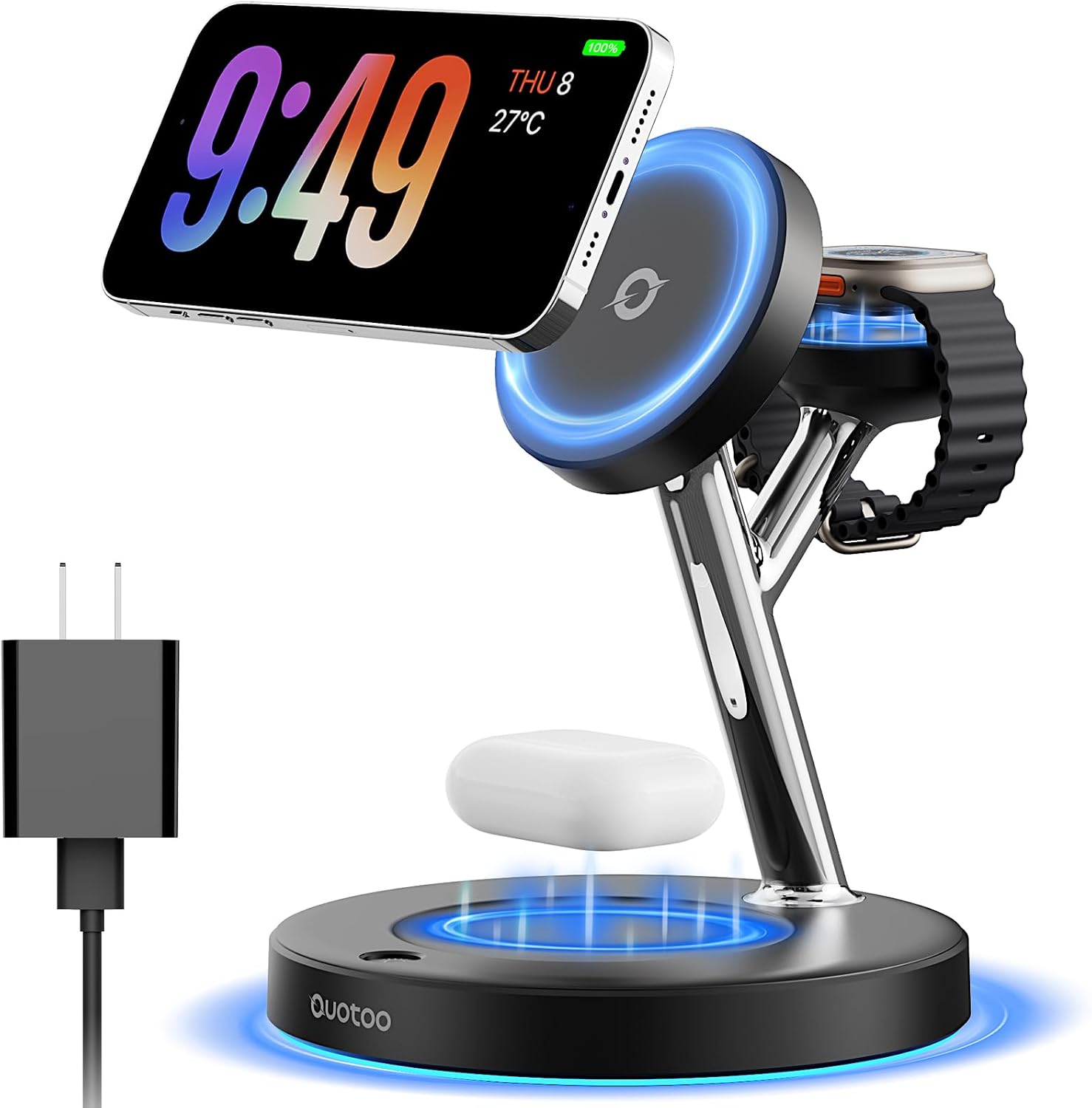 【Adjustable Blue Ambient Light】 Wireless Charger 3 in 1 for iPhone, Magnetic Charging Station for Apple Family,15W
