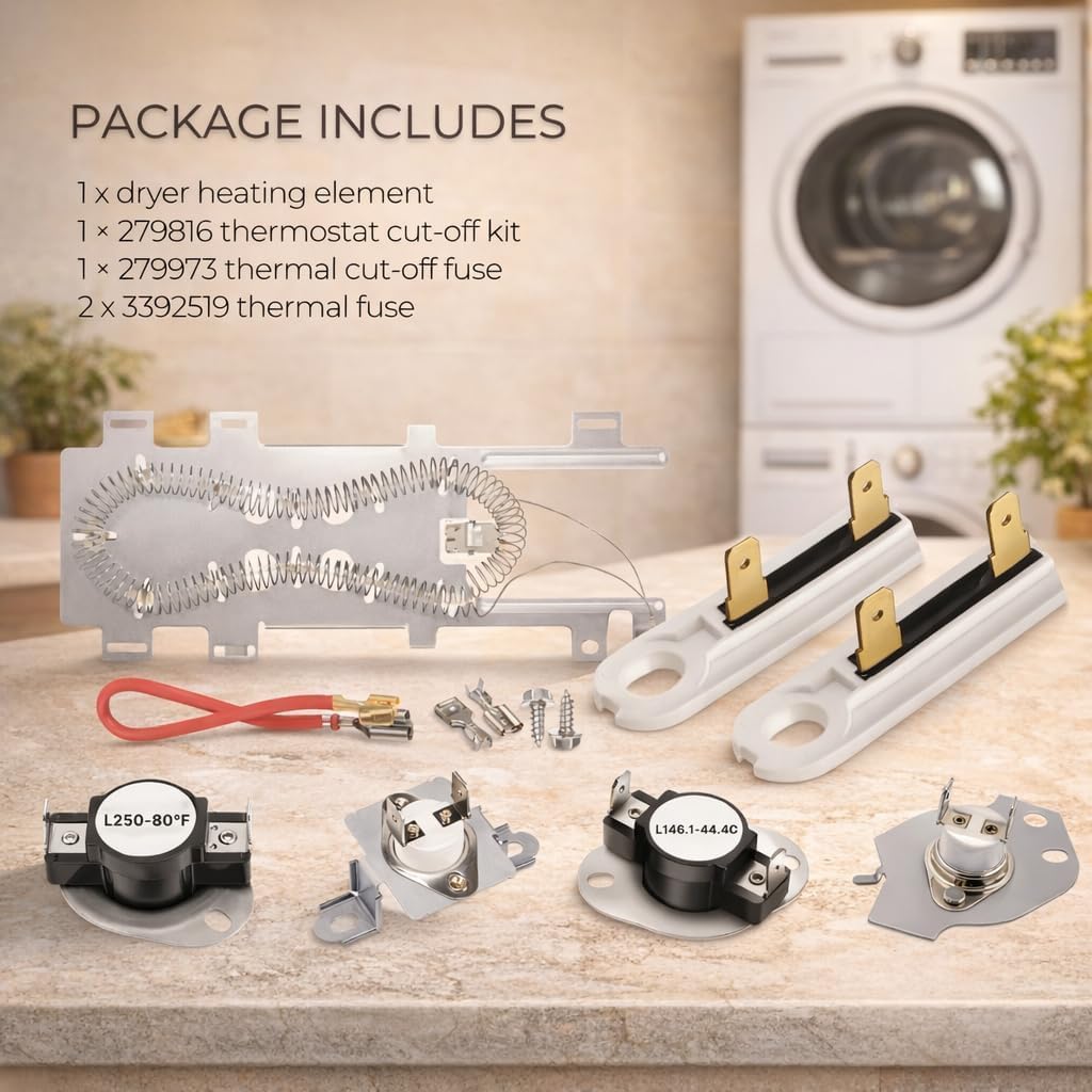 Dryer Heating Element Replacement for Whirlpool WED92HEFW0 WED92HEFC0 WED9600TU0 WED9600TW0 WED9500TW0 WED8500SR0 WED87HEDW1 WED95HEDW1 WED87HEDC1 WED8540FW0 WED7800XW0 with Thermostat Kit