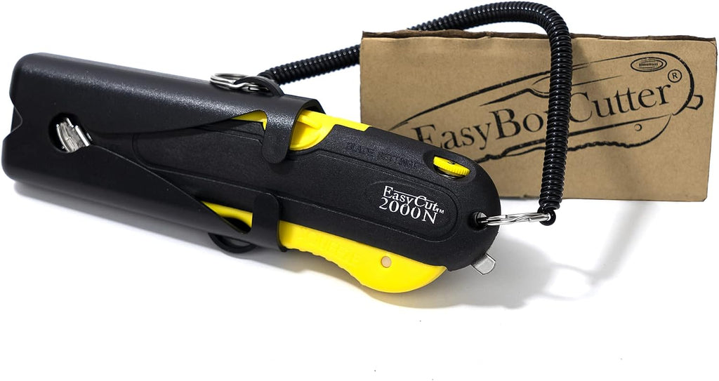 Modern Box Cutter, extra tape cutter at back, dual side edge guide, 3 blade depth setting, 2 blades and holster