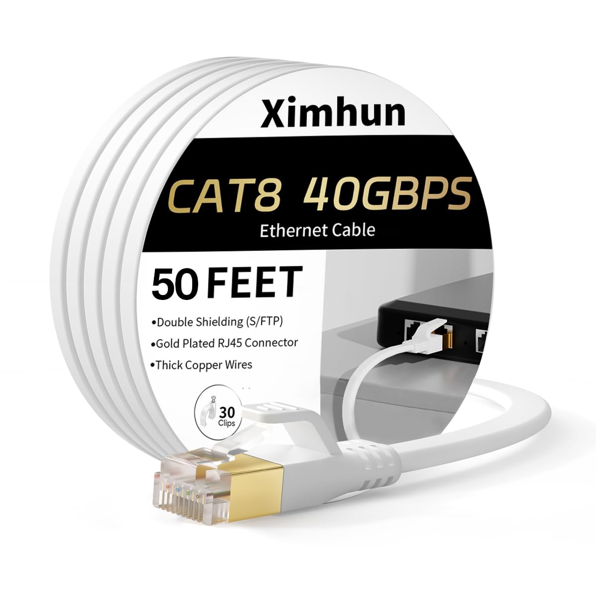 Cat 8 Ethernet Cable 50ft, High-Speed Internet Cable Network Cord with RJ45 Connector 40Gbps 2000Mhz Heavy Duty LAN