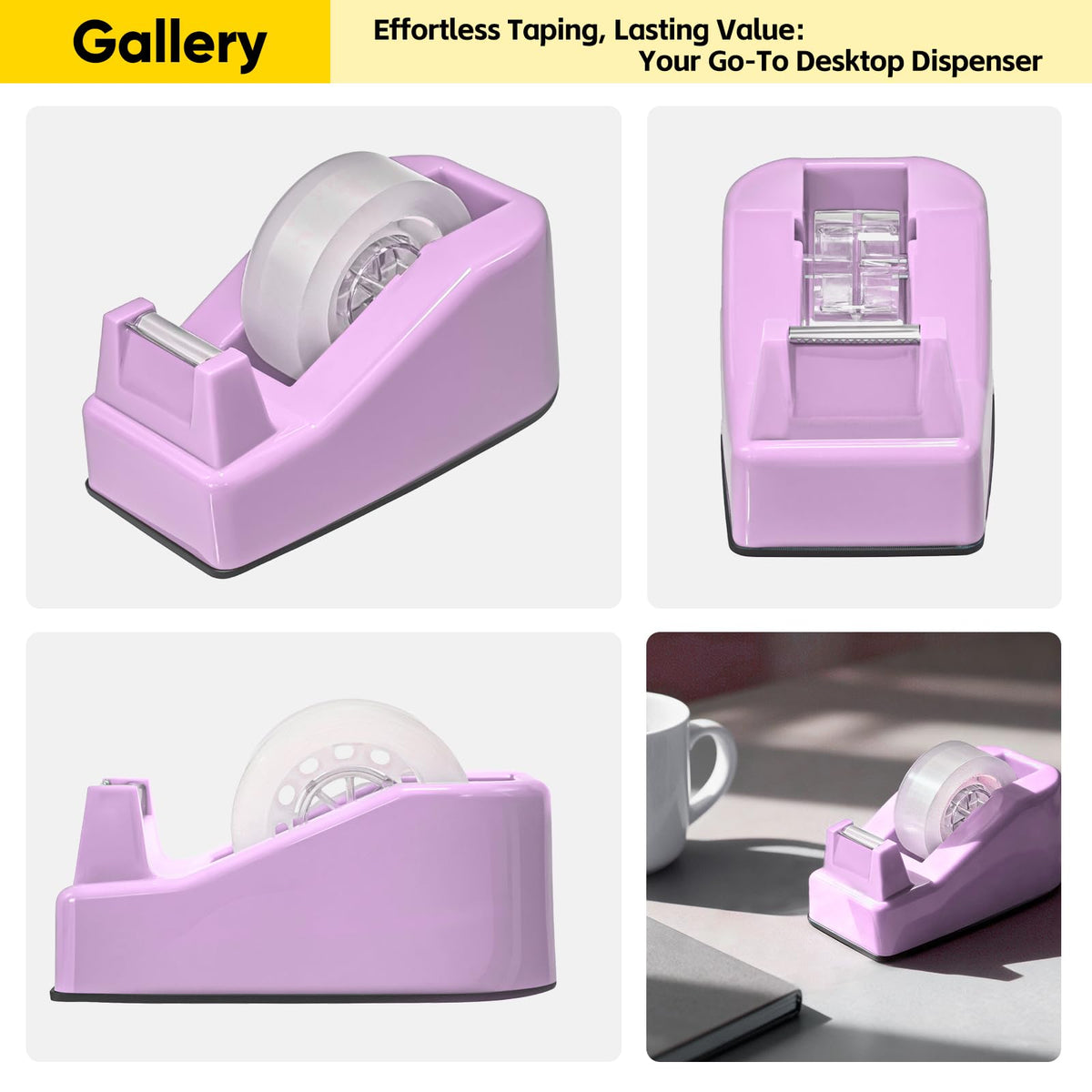 2-Pack Compact Desktop Tape Dispenser for Standard 3/4" Rolls, Purple
