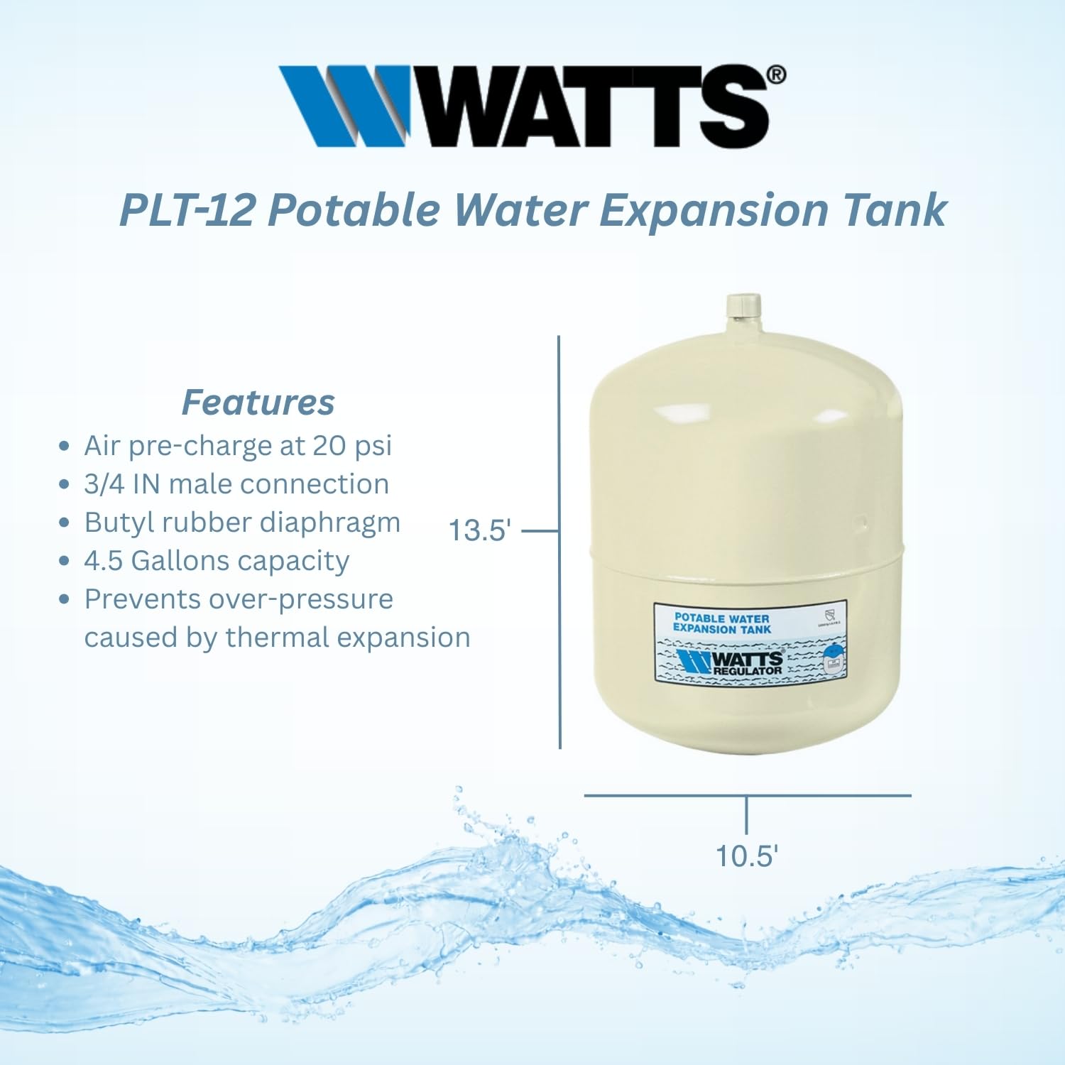 PLT-12 4.5-Gallon Potable Water Expansion Tank 3/4" Male Inlet