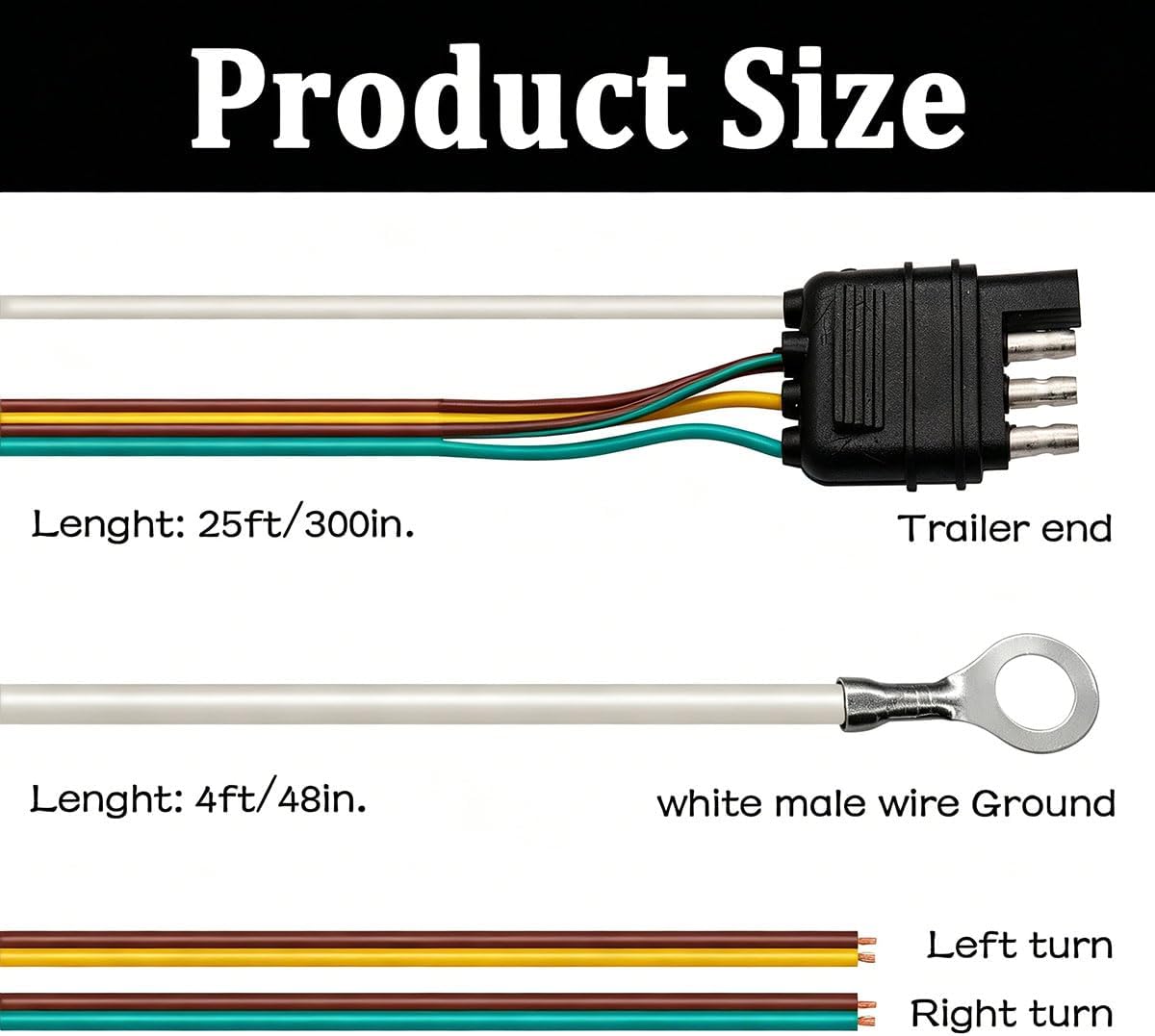 25ft 4 Wire 4-Flat Trailer Light Wiring Harness Extension Kit, Trailer Wiring Harness with 18 Gauge White Ground Wire