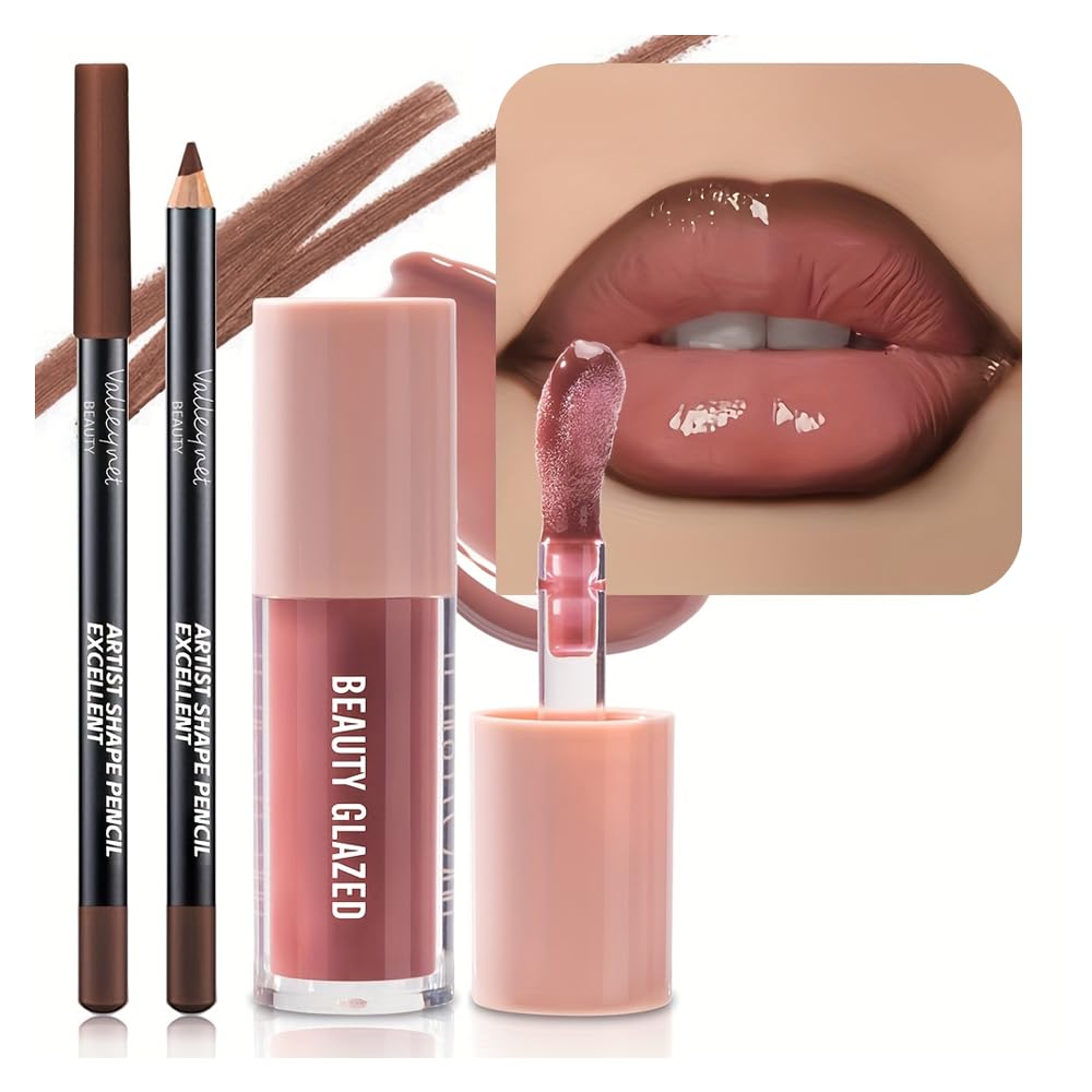 2Pcs/Set Mocha Brown Lip Liner and Nude Gloss Duo – 2PCS 90s Overline Lip Combo Set for Fuller Looking Lips, Deep