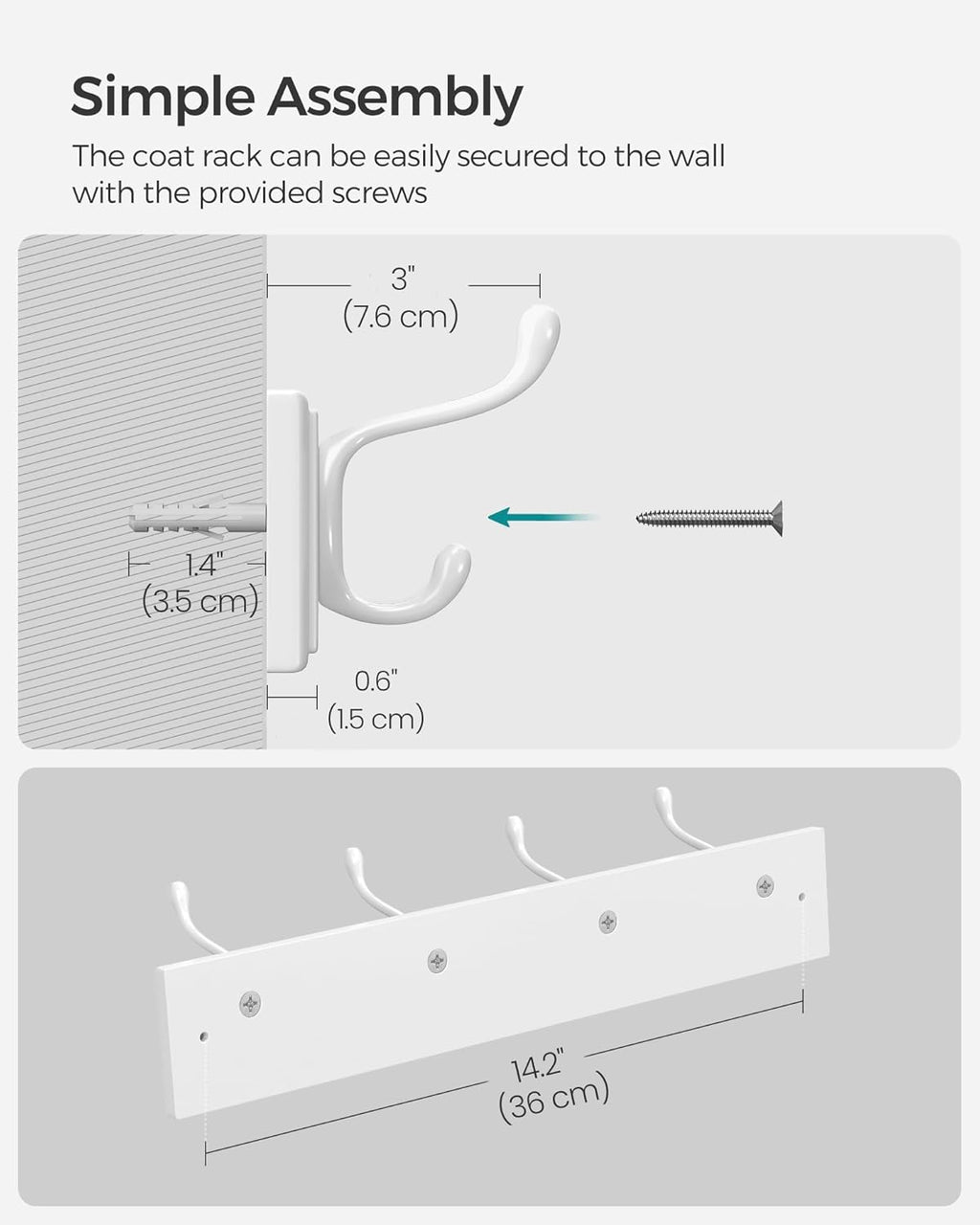 Wall-Mounted Coat Rack, Hook Rack, 4 Dual Metal Hooks