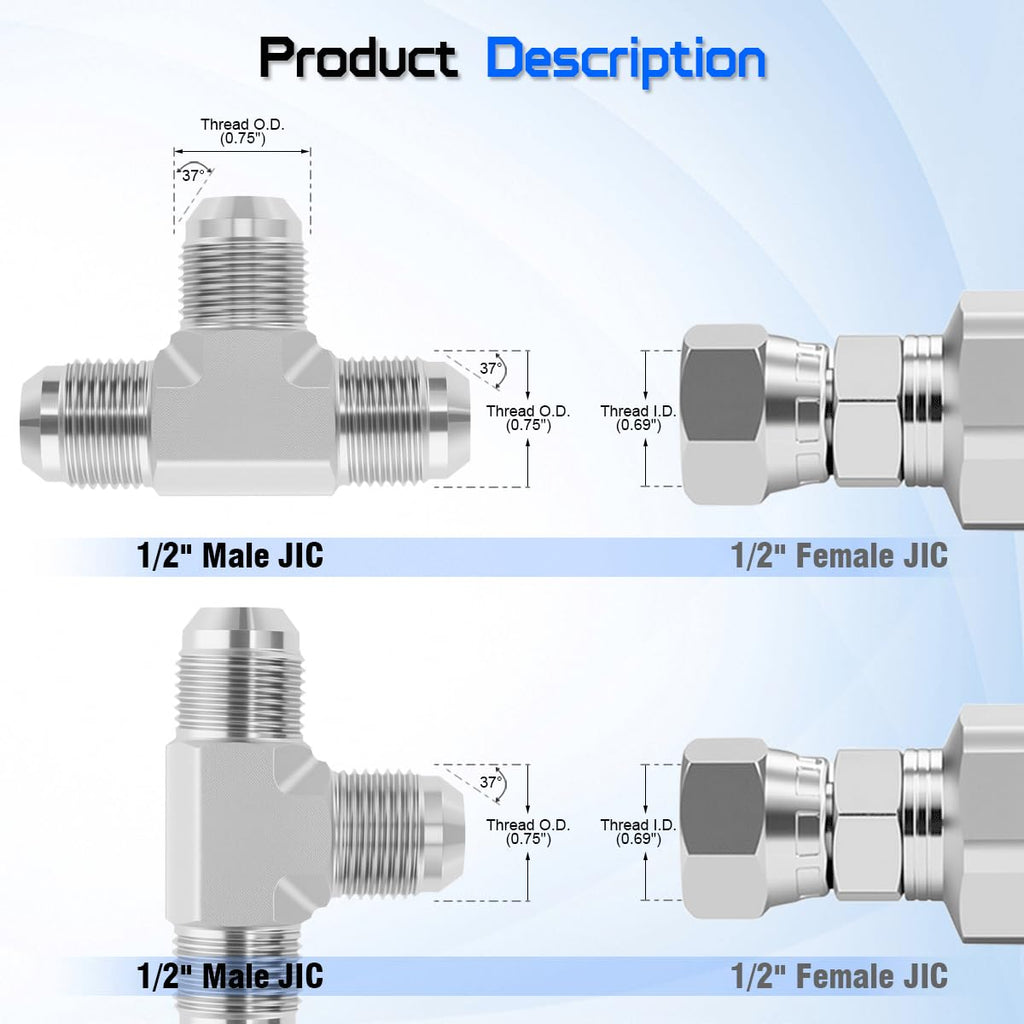 2603-08-08-08 JIC Male Tee Adapter 1/2" x 1/2" x 1/2" (3/4"-16 thread)