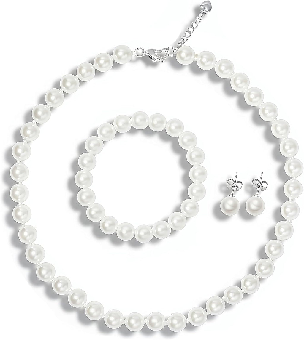 Pearl Necklace Set for Women and Girls, 8mm Glass Faux Pearl Includes Bracelet & Stud Earrings, 3-Piece Costume