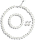 Pearl Necklace Set for Women and Girls, 8mm Glass Faux Pearl Includes Bracelet & Stud Earrings, 3-Piece Costume