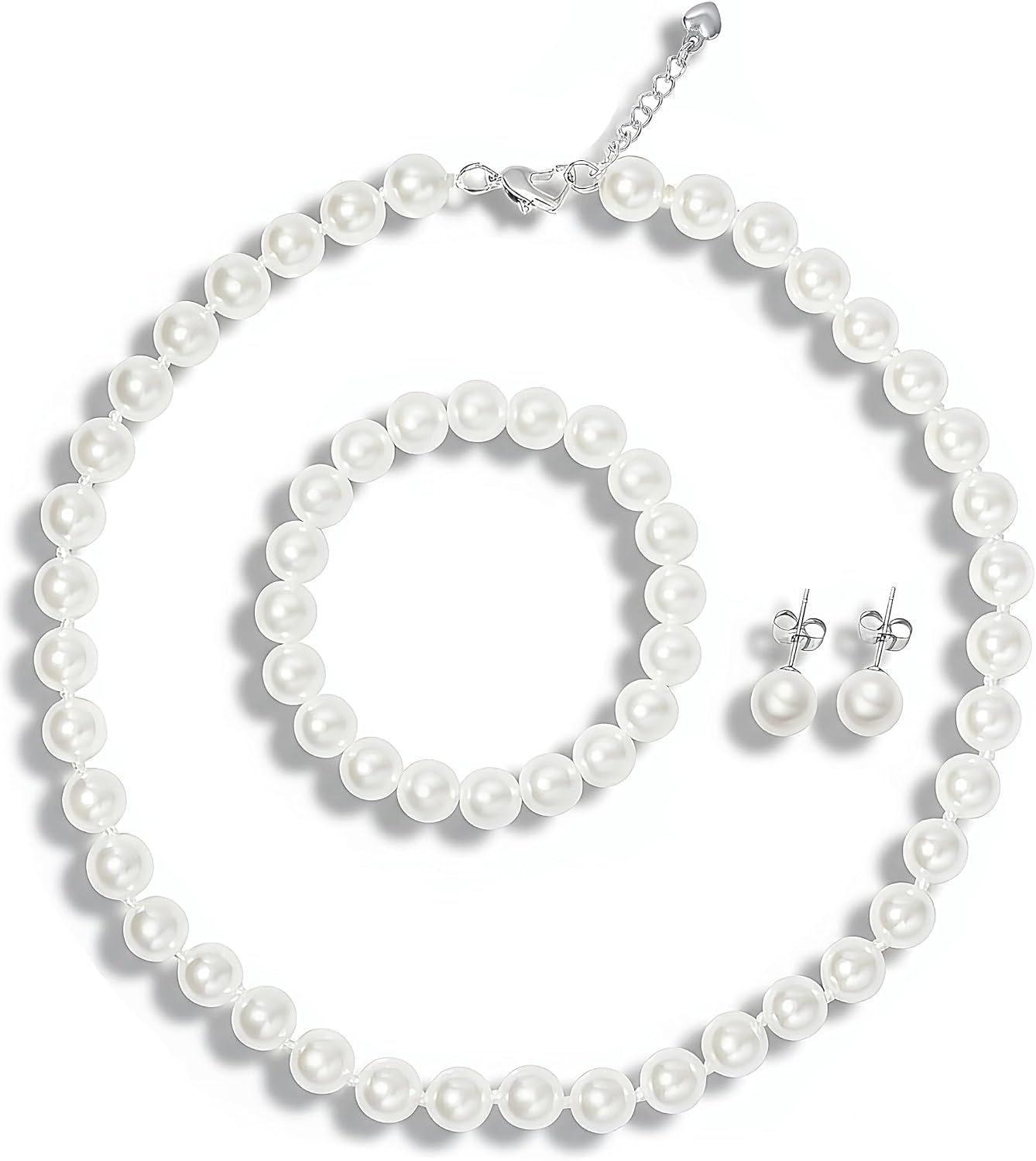 Pearl Necklace Set for Women and Girls, 8mm Glass Faux Pearl Includes Bracelet & Stud Earrings, 3-Piece Costume