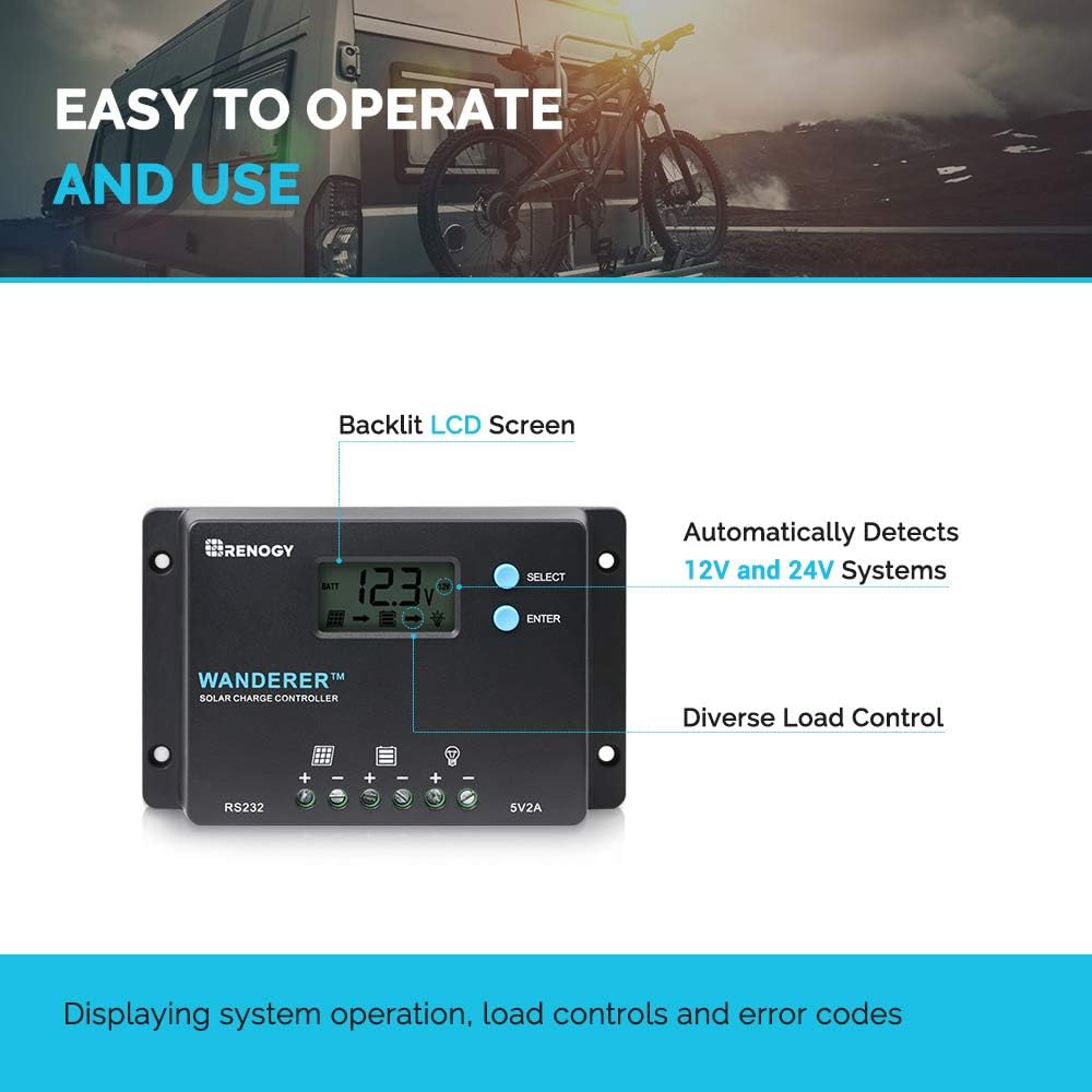 Wanderer 10A PWM Solar Charge Controller 12/24V for Solar Panels | 50V PV input, AGM/Gel/Flooded (auto), Li (manual)