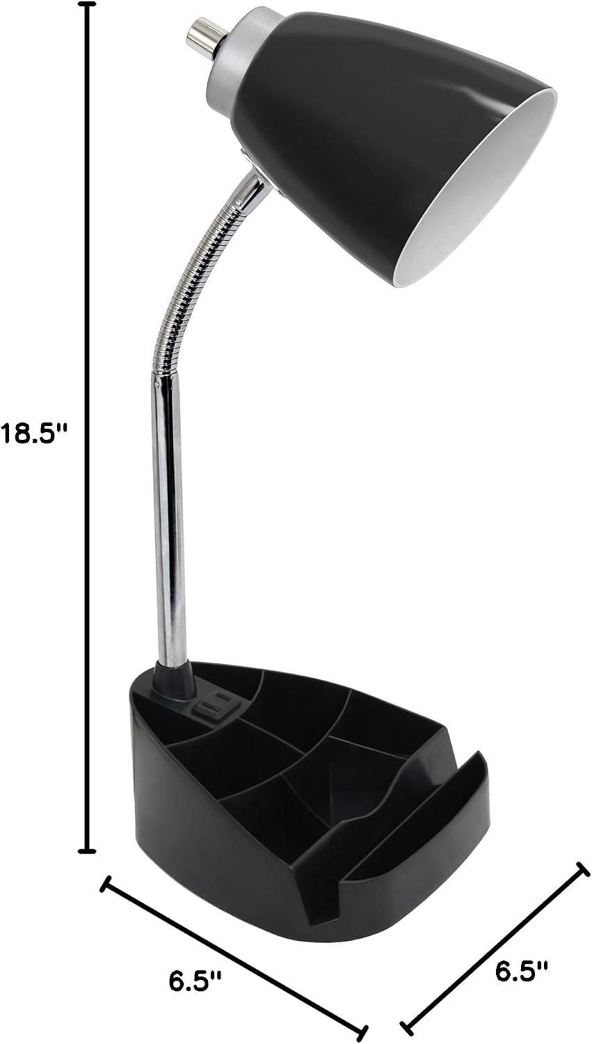 LD1057-BLK Gooseneck Organizer Desk Lamp with iPad/Tablet Stand or Book Holder and Charging Outlet, Black