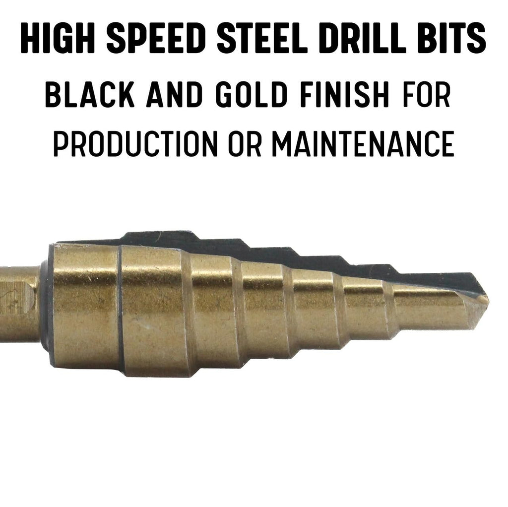 Drill America #1 HSS Black & Gold Step Drill Bit with Quick Change Hex Shank (1/8"- 1/2 by 1/32")
