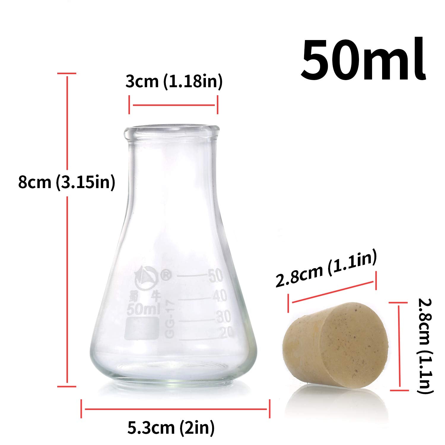Glass Erlenmeyer Flask Set, (250 ml, 150 ml & 50 ml) Graduated Borosilicate Glass Erlenmeyer Flasks with Rubber