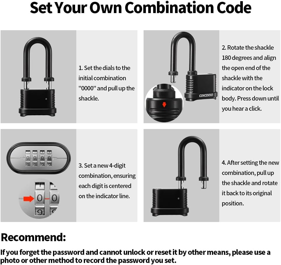 Weatherproof 4 Digit Combination Lock, Heavy Duty Combo Lock with Long Shackle for Outdoor Shed, Garage, Gate, Fence