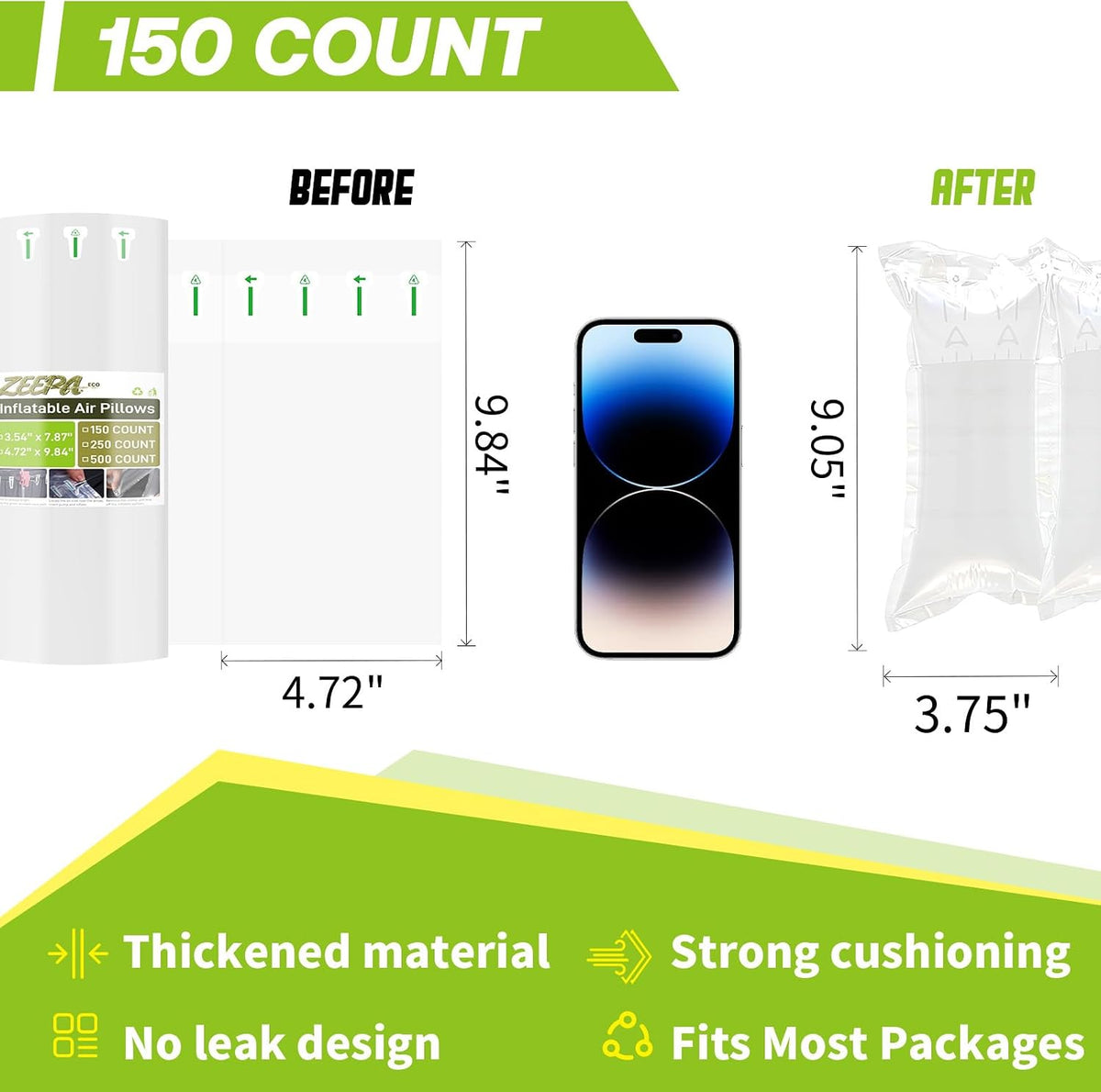 150 Count Packing Air Pillows for Shipping with Pump, Size 4.72" x 9.84"