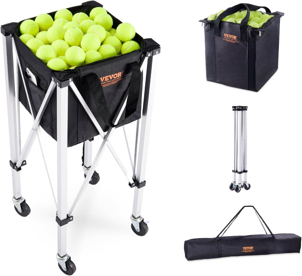 Foldable Tennis Ball Hopper, Holds 150-180 Tennis Balls, Lightweight Aluminum Alloy Tennis Ball Basket Cart with