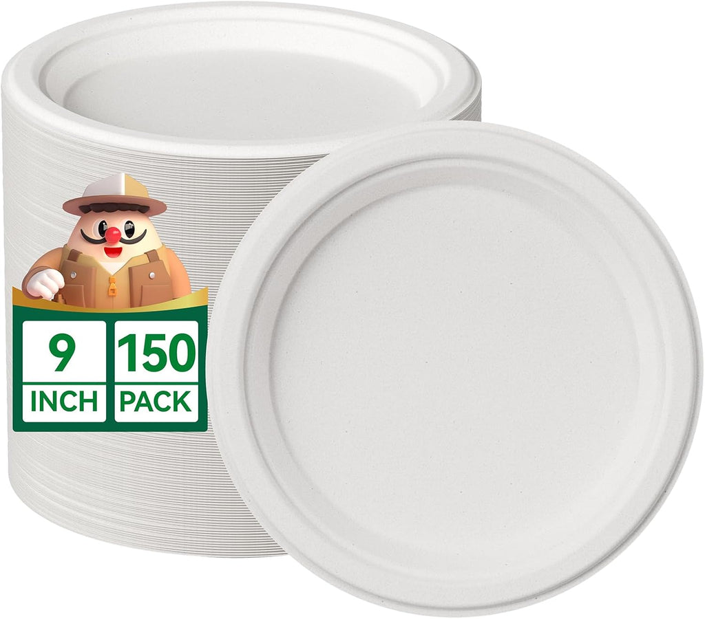 9 Inch Paper Plates, White Compostable Plates 150 Pack